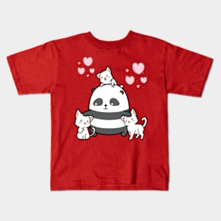 Cute Panda Play With Three Kitten Kids T-Shirt